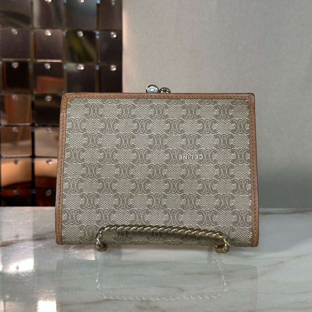 Celine Tan and Cream Wallet with Triomphe Monogram Pattern and Gold Hardware - Picture 5 of 7
